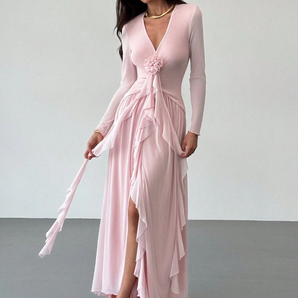Pink Elegant Women's Ruffle Bow Tie Decor 3d Floral Sexy Deep V Mesh Dress